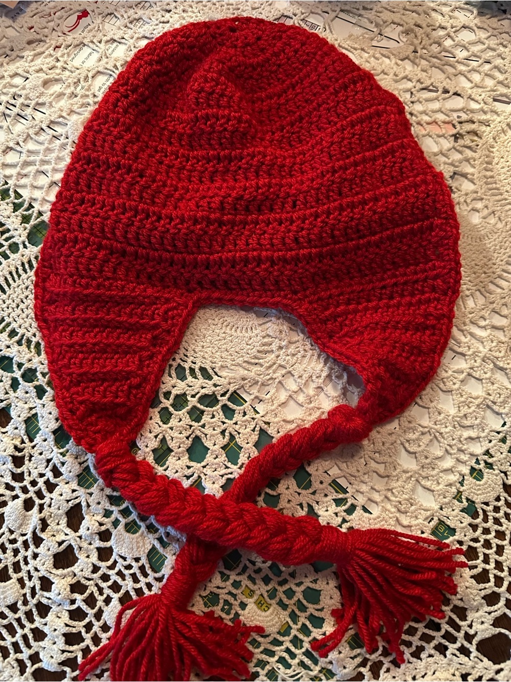 Handmade Crochet Character Earflap Hat - Teal & Red - Picture 4 of 4